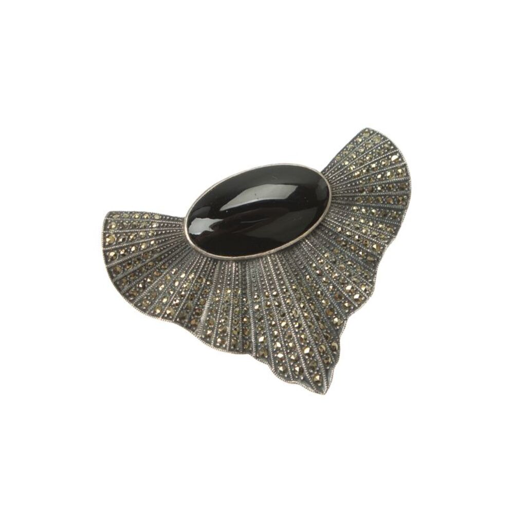 Designer Womens Vintage 925 Silver Onyx+Marcasite Deco Fan Brooch 2.25" 32.4g